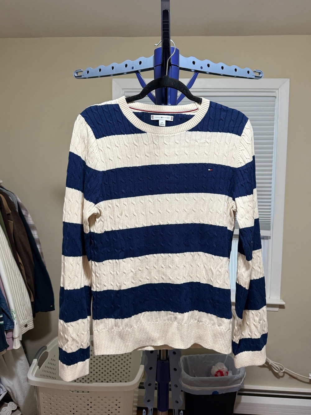 Tommy Hilfiger Navy & Cream Striped Cable-Knit Sweater Size Large